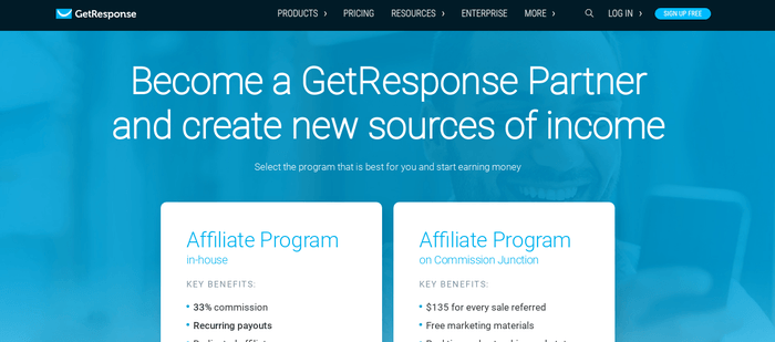 screenshot of the affiliate sign up page for GetResponse