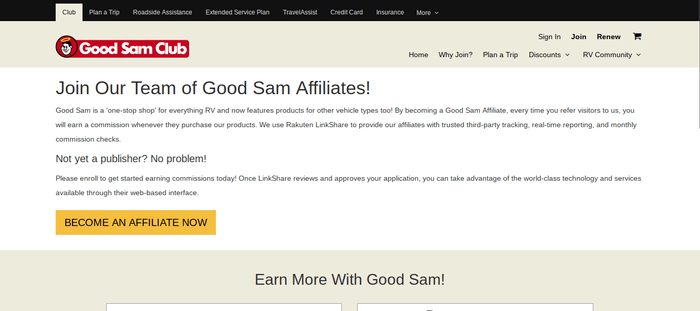 screenshot of the affiliate sign up page for Good Sam Travel Assist