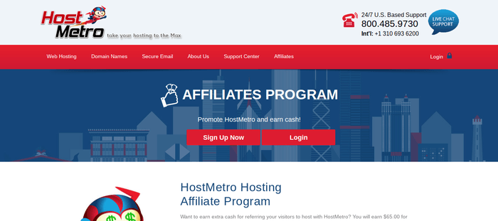 screenshot of the affiliate sign up page for HostMetro