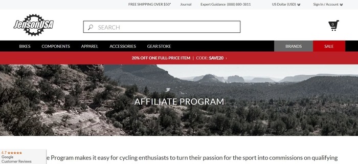 screenshot of the affiliate sign up page for Jenson USA