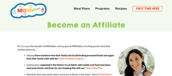 screenshot of the affiliate sign up page for MOMables