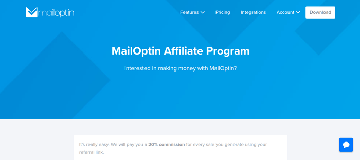 screenshot of the affiliate sign up page for MailOptin