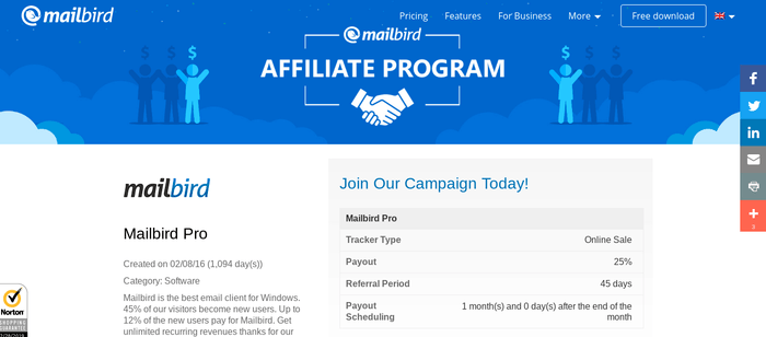 screenshot of the affiliate sign up page for Mailbird