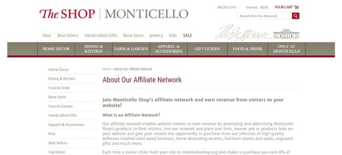 screenshot of the affiliate sign up page for Monticello Shop