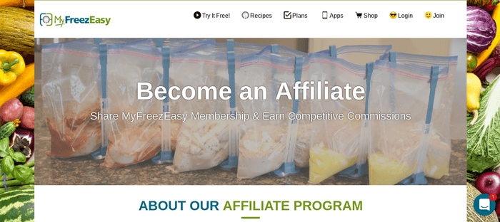 screenshot of the affiliate sign up page for MyFreezEasy