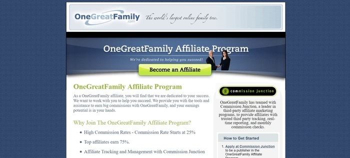 screenshot of the affiliate sign up page for OneGreatFamily