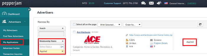 Pepperjam Affiliate Network Advertiser Status