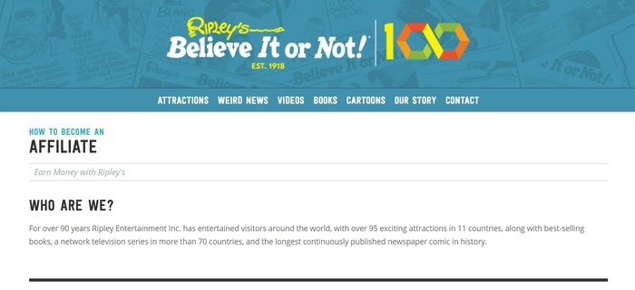 screenshot of the affiliate sign up page for Ripley's Believe It or Not!