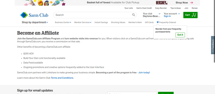 screenshot of the affiliate sign up page for SamsClub.com