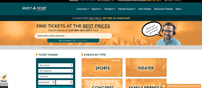 screenshot of the affiliate sign up page for SelectATicket