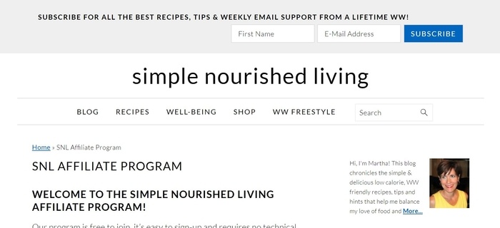 screenshot of the affiliate sign up page for Simple-Nourished-Living