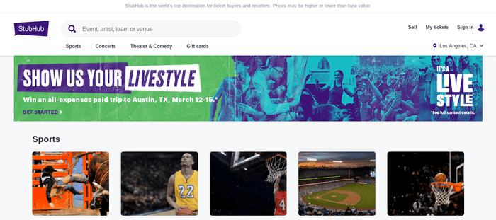 screenshot of the affiliate sign up page for StubHub