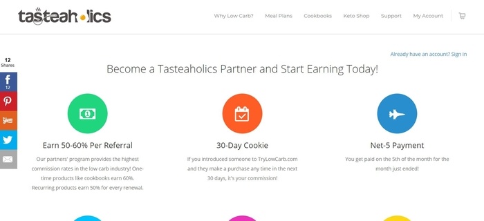 screenshot of the affiliate sign up page for Tasteaholics