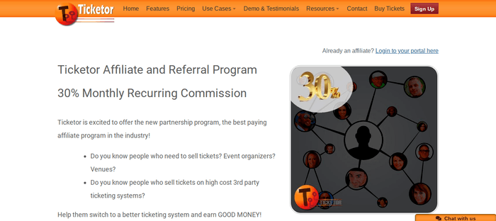 screenshot of the affiliate sign up page for Ticketor