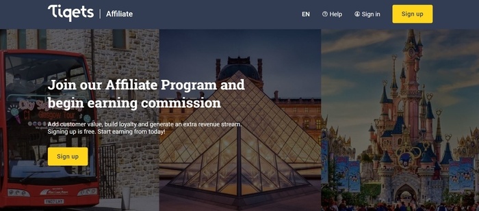 screenshot of the affiliate sign up page for Tiqets