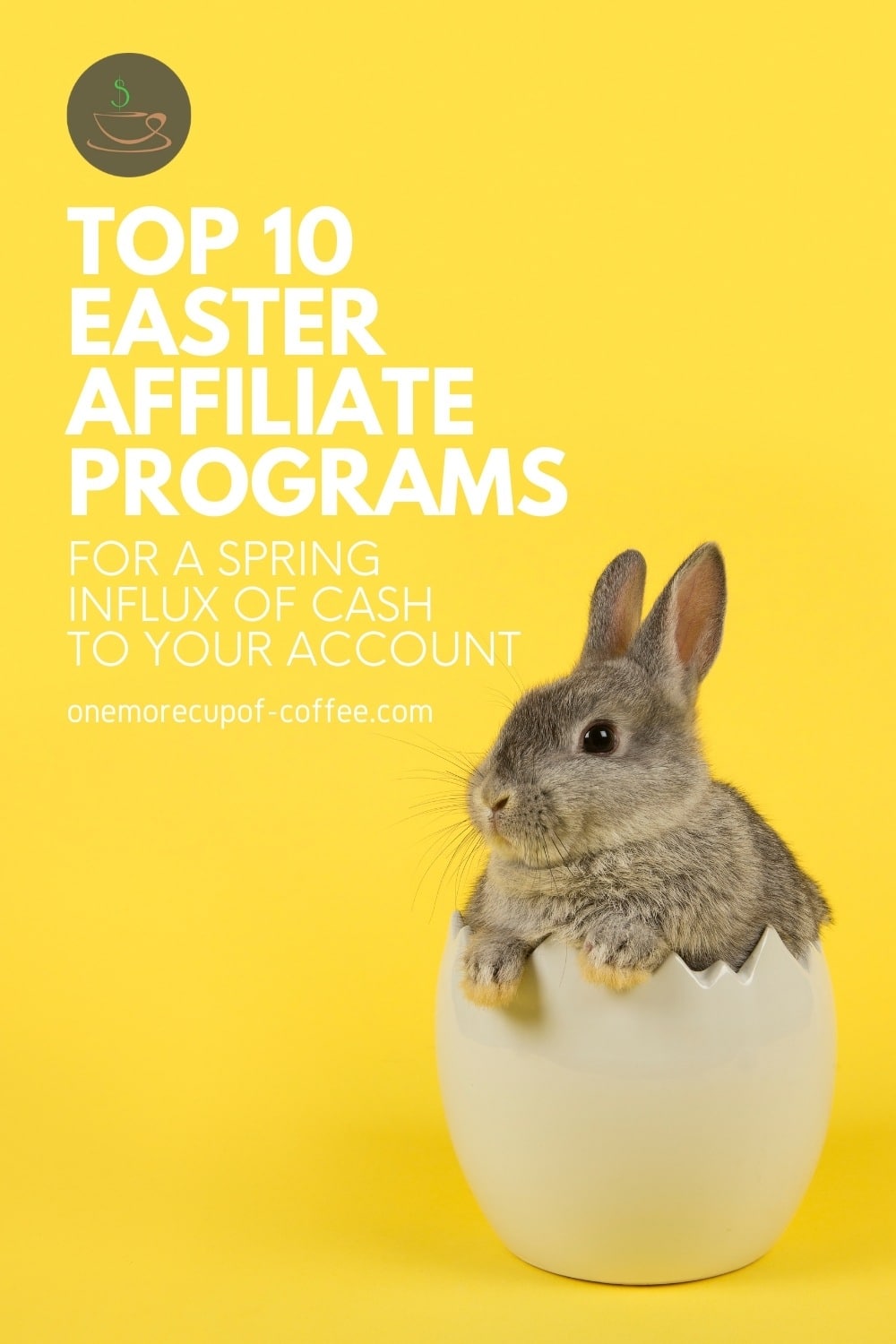 Grey Easter bunny in an egg shell, against a yellow background; with text overlay "Top 10 Easter Affiliate Programs For A Spring Influx Of Cash To Your Account"