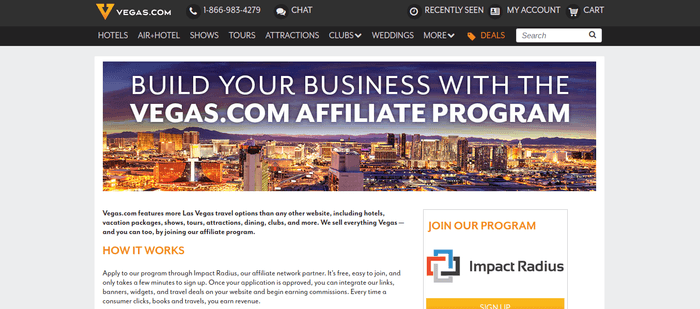 screenshot of the affiliate sign up page for Vegas.com