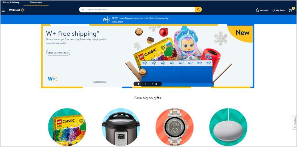 Screenshot of Walmart homepage showing blue banner with website name, and main navigation menu at the left side of the header, search tab at the center, and account, my items, and shopping cart icons at the left side header. Main image shows Walmart+ free shipping info, and images of products.