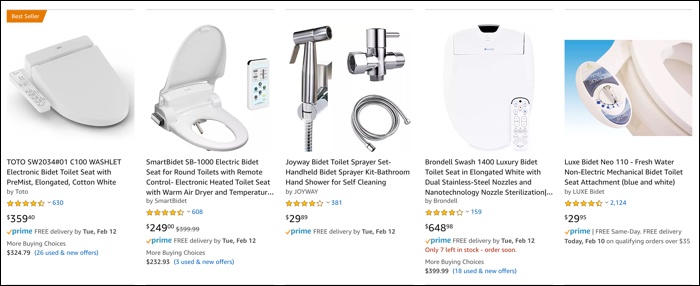 screenshot of bidet prices and styles on Amazon.com