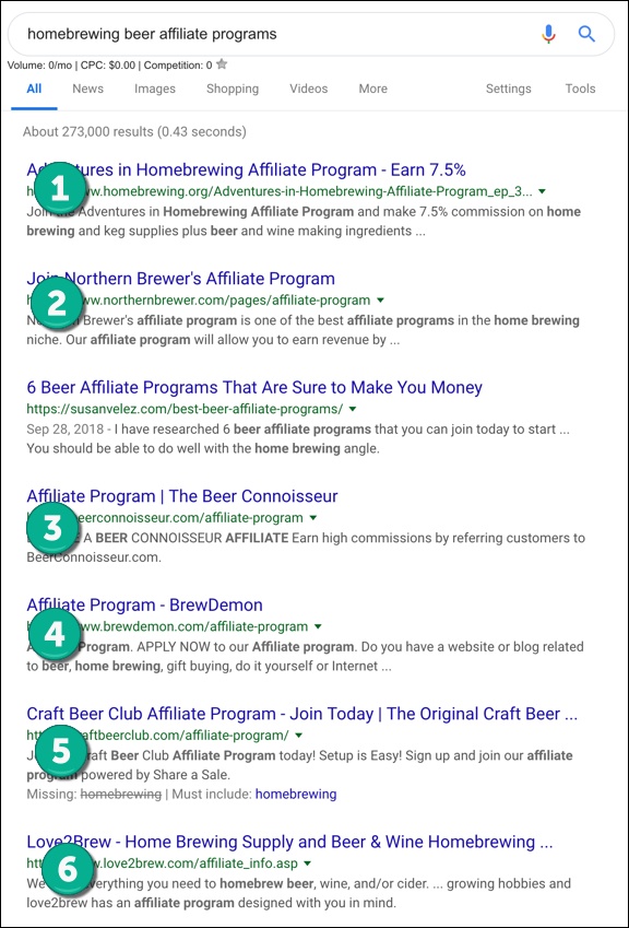 screenshot of a basic google search for related affiliate programs