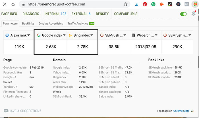 Use the SEO Quake plugin to check total pages in index