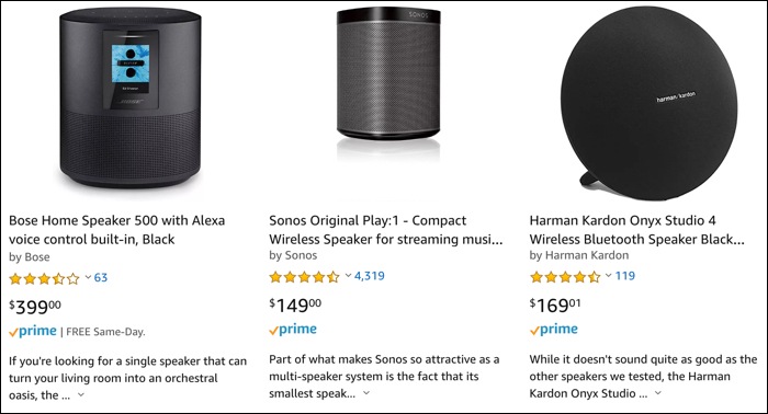 screenshot of amazon products showing wireless speaker prices