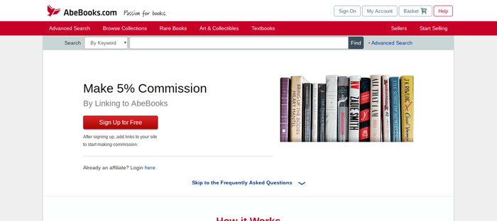 screenshot of the affiliate sign up page for AbeBooks