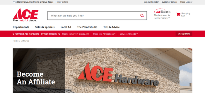 screenshot of the affiliate sign up page for Ace Hardware