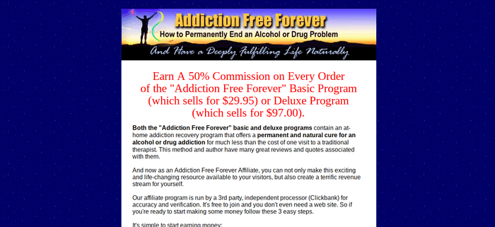 screenshot of the affiliate sign up page for Addiction Free Forever