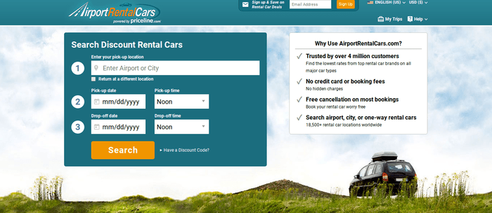 screenshot of the affiliate sign up page for AirportRentalCars.com