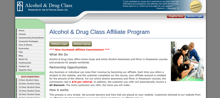 screenshot of the affiliate sign up page for Alcohol & Drug Class