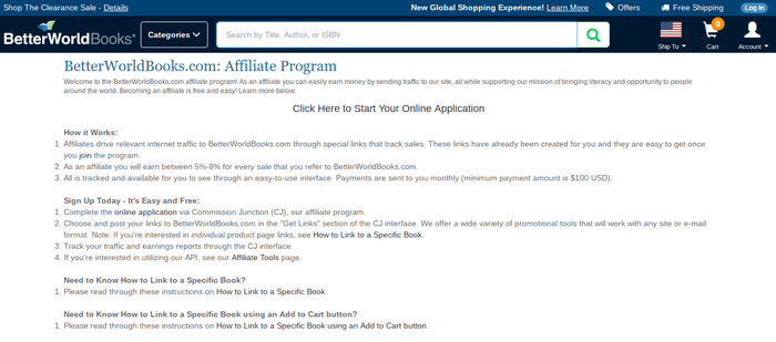 screenshot of the affiliate sign up page for Better World Books