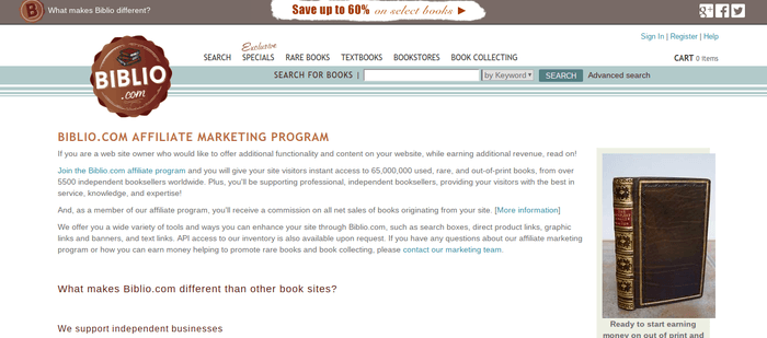 screenshot of the affiliate sign up page for Biblio