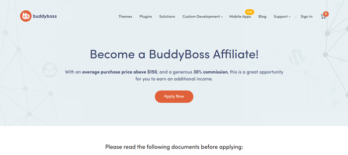 screenshot of the affiliate sign up page for BuddyBoss