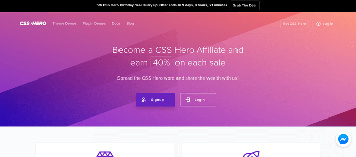 screenshot of the affiliate sign up page for CSS Hero