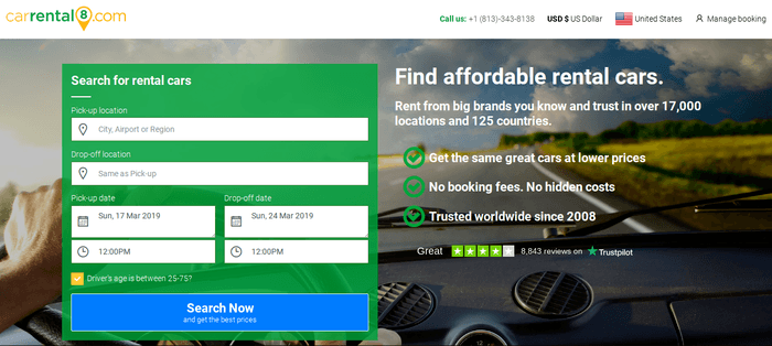 screenshot of the affiliate sign up page for Car Rental 8