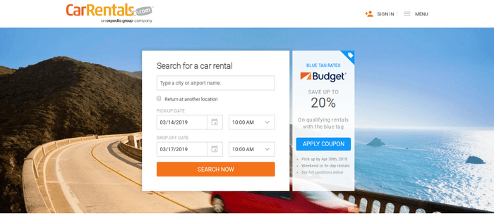 screenshot of the affiliate sign up page for CarRentals