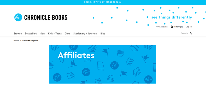 screenshot of the affiliate sign up page for Chronicle Books 