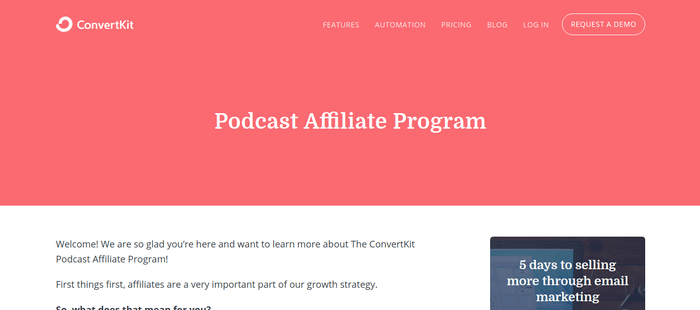 screenshot of the affiliate sign up page for ConvertKit Podcast