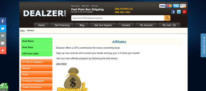 screenshot of the affiliate sign up page for Dealzer