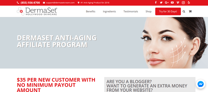 screenshot of the affiliate sign up page for DermaSet Skin Care