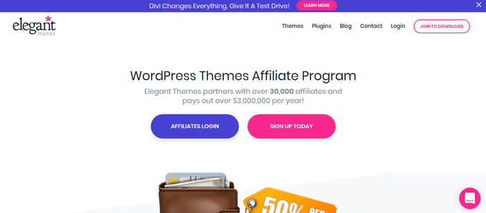 screenshot of the affiliate sign up page for Elegant Themes