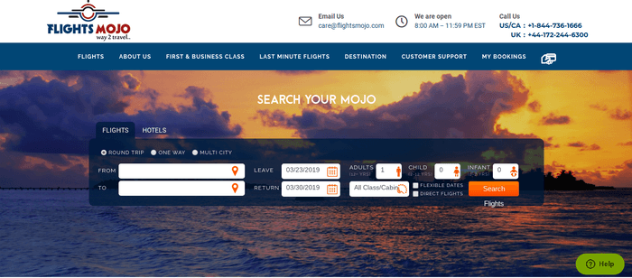 screenshot of the affiliate sign up page for Flights Mojo