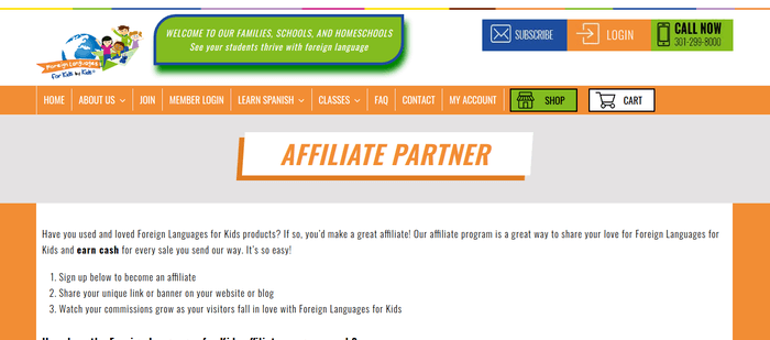 screenshot of the affiliate sign up page for Foreign Languages For Kids