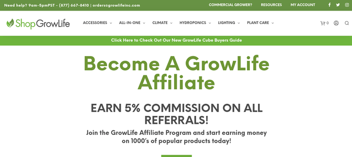 screenshot of the affiliate sign up page for GrowLife