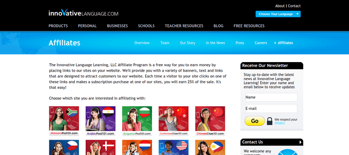 screenshot of the affiliate sign up page for Innovative Language Learning