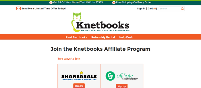 screenshot of the affiliate sign up page for Knetbooks