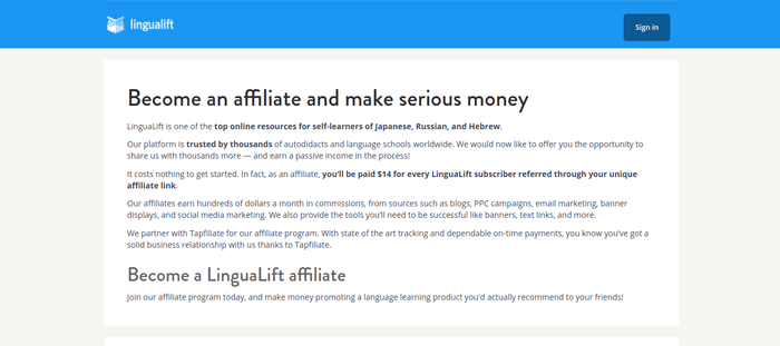 screenshot of the affiliate sign up page for LinguaLift