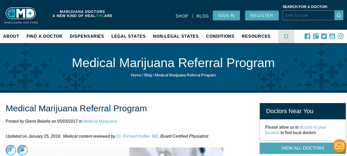 screenshot of the affiliate sign up page for MarijuanaDoctors.com