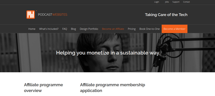 screenshot of the affiliate sign up page for Podcast Websites